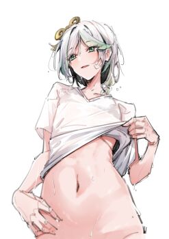 1girl absurdres airenif alternate_costume cecilia_immergreen doll_joints gradient_hair green_eyes green_hair highres hololive hololive_english joints lifting_own_clothes multicolored_hair navel shirt simple_background solo sweat virtual_youtuber white_background white_hair white_shirt winding_key