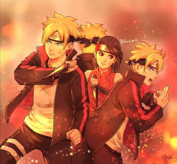 Rule 34 | 1girl, 3boys, black hair, black headband, blonde hair, blood, blood on face, blue eyes, boruto: naruto next generations, clone, commentary request, dirty, dirty clothes, embers, fire, forehead protector, headband, highres, holding, holding kunai, holding weapon, kunai, matsu (fu6ide2), medium hair, multiple boys, naruto (series), no eyewear, red eyes, red headband, serious, sharingan, twitter username, uchiha sarada, uzumaki boruto, weapon