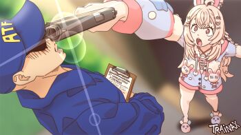 1boy 1girl absurdres ahoge animal_ears animal_slippers anklet atf baseball_cap bead_anklet beads blue_headwear blue_shirt bow braid bunny_slippers clipboard cyberpunk_(series) cyberpunk:_edgerunners ear_bow gun gun_to_head hair_bow hair_ornament handgun hat heart heart_hair_ornament highres holding holding_clipboard holding_gun holding_weapon indie_virtual_youtuber long_hair long_sleeves open_mouth pajamas paper phase_connect pink_eyes pink_hair pink_pajamas pipkin_pippa rabbit_ears rabbit_girl rabbit_hair_ornament rabbit_ornament rebecca_(cyberpunk) scene_reference shaded_face shirt slippers star_(symbol) star_hair_ornament trainax virtual_youtuber weapon