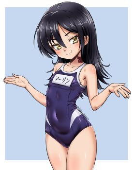 1girl absurdres aged_down armpits black_hair blue_background blue_one-piece_swimsuit blush breasts closed_mouth covered_navel hair_between_eyes highres looking_at_viewer luiiferdev medium_hair merlin_(nanatsu_no_taizai) nanatsu_no_taizai neck_tattoo one-piece_swimsuit school_swimsuit shrugging small_breasts smile solo swimsuit tattoo yellow_eyes