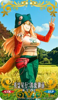 1girl alternate_costume animal_ear_fluff animal_ears blonde_hair breasts bug copyright_logo dragonfly fate/grand_order fate_(series) food fox_ears fox_girl fox_tail hat insect large_breasts logo long_hair navel official_art onigiri outdoors solo suzuka_gozen_(fate) tail takenoko_seijin type-moon yellow_eyes