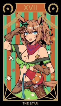 1girl absurdres animal_ears armband bandana bandeau bare_shoulders belt blue_eyes blush breasts brown_gloves brown_hair card_(medium) cleavage colt_single_action_army commentary_request cowboy_hat gloves green_armband green_bandeau green_skirt gun hair_between_eyes hair_ornament handgun hat hat_on_back highres holding_pitcher holstered horse_ears horse_girl horse_tail large_breasts long_hair looking_at_viewer midriff navel open_mouth pitcher_(container) ponytail pouring red_bandana revolver rirashi sheriff_badge skirt smile solo star_(symbol) star_hair_ornament stomach taiki_shuttle_(umamusume) taiki_shuttle_(wild_frontier)_(umamusume) tail tarot tarot_(medium) the_star_(tarot) umamusume water weapon