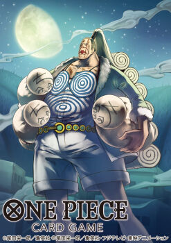 1boy belt blood blood_on_face commentary_request copyright_name cosplay crossdressing crossdressing_(mtf) disguise feet_out_of_frame holding igaram looking_up male_focus moon nefertari_vivi_(cosplay) nekobayashi night night_sky official_art one_piece one_piece_card_game outdoors pectorals ponytail shorts sky solo white_shorts