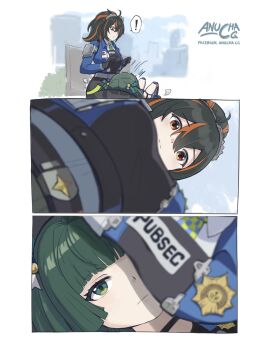 ! 2girls 3koma :| ahoge anucha_cg artist_name black_gloves black_hair black_pants blue_jacket breast_shadow breasts checkered_necktie cityscape closed_mouth collared_shirt comic day expressionless frieren_lap_pillow_(meme) gloves green_eyes green_hair green_ribbon hair_between_eyes hair_ribbon hairband highres jacket lap_pillow large_breasts long_hair looking_at_another meme metal_hairband multicolored_hair multiple_girls necktie orange_eyes orange_hair outdoors pants police police_badge police_uniform policewoman ponytail qingyi_(zenless_zone_zero) ribbon scene_reference shade shadow shirt sitting sousou_no_frieren speech_bubble spoken_exclamation_mark streaked_hair surprised white_shirt zenless_zone_zero zhu_yuan