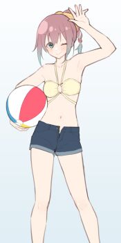 1girl arm_up ball beachball bikini bikini_bottom_under_shorts bikini_under_clothes blue_shorts blush brown_hair closed_mouth collarbone commentary_request denim denim_shorts feet_out_of_frame gradient_background gradient_hair green_eyes grey_background hair_between_eyes hair_ribbon highres holding holding_ball holding_beachball legs_apart long_bangs medium_hair mukai_rinjin multicolored_hair navel one_eye_closed open_clothes open_fly open_shorts original ponytail ribbon short_shorts shorts smile solo standing stomach swimsuit yellow_bikini yellow_ribbon
