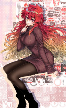 Rule 34 | 1girl, alternate costume, ankle boots, arm support, ben-day dots, black boots, blonde hair, blush, boots, breasts, brown dress, brown pantyhose, closed mouth, commentary request, dola (nijisanji), dress, drop shadow, eyelashes, finger to mouth, full body, gradient hair, hair between eyes, hand up, heart, highres, index finger raised, invisible chair, large breasts, light smile, lips, long bangs, long hair, looking at viewer, messy hair, multicolored hair, nijisanji, orange eyes, orange hair, pantyhose, pink background, red hair, ribbed dress, screentones, short dress, sitting, sleeves past wrists, solo, sweater, sweater dress, takanashi ringo, very long hair, virtual youtuber