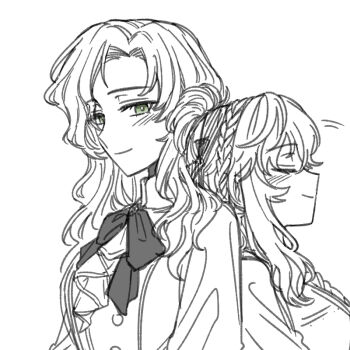 2girls adoptive_siblings ascot back-to-back bow bowtie closed_eyes closed_mouth commentary_request greyscale ioi_33333 jacket korean_commentary leaning_on_person lineart lopera_(reverse:1999) moldir_(reverse:1999) monochrome multiple_girls ponytail profile reverse:1999 siblings sisters smile spot_color upper_body white_background