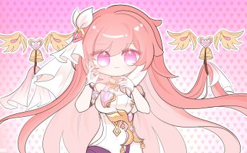 1girl absurdres bell breasts chinese_commentary commentary_request corset elysia_(herrscher_of_human:_ego)_(honkai_impact) elysia_(honkai_impact) gloves heart heart_background highres honkai_(series) honkai_impact_3rd large_breasts long_hair looking_at_viewer luocha_i_love_china_i_am_chinese multicolored_hair pink_background pink_hair purple_eyes solo two-tone_hair veil very_long_hair white_corset white_gloves white_hair white_veil