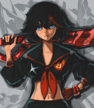 1girl absurdres black_hair black_shirt blue_eyes closed_mouth commentary cowboy_shot double-parted_bangs facing_viewer gloves grey_background hair_between_eyes hand_on_own_hip highres holding holding_behind_back holding_weapon_behind_back kill_la_kill long_sleeves looking_up matoi_ryuuko multicolored_hair red_gloves red_streaks scissor_blade_(kill_la_kill) senketsu serious shirt short_hair single_glove solo streaked_hair titanartx