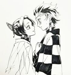 1girl age_difference alternate_universe animal_print belt blue_butterfly blush brown_wings bug butterfly butterfly_hair_ornament butterfly_print checkered_haori demon_slayer_uniform earrings gradient_hair hair_ornament hanafuda_earrings haori highres insect japanese_clothes jewelry kamado_tanjirou kimetsu_no_yaiba kishimen_hair kochou_shinobu multicolored_hair pixiv purple_butterfly scar scar_on_face scar_on_forehead updo white_belt wings
