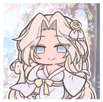 1girl ai-assisted ai-generated_background alternate_costume artist_name azur_lane blonde_hair blue_eyes blue_kimono blush border bow breasts character_name chibi chibi_only cleavage closed_mouth commentary floral_print flower futaba_(anti_clockwise) hair_flower hair_ornament hand_on_own_chest highres japanese_clothes kimono kronshtadt_(azur_lane) large_breasts long_hair long_sleeves looking_at_viewer rose sash shoulder_peek smile solo symbol-only_commentary very_long_hair waist_bow white_border wide_sleeves yellow_bow