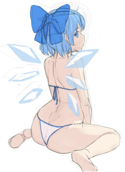 1girl ass bikini blue_bow blue_eyes blue_hair bow cirno commentary dimples_of_venus english_commentary hair_bow ice ice_wings kachobi_(user_atuh5854) looking_back petite sitting sketch solo swimsuit touhou unfinished wariza white_bikini wings