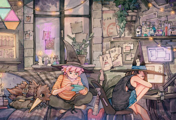 1boy 1girl arm_on_knee artist_logo barefoot bird black_bra black_hat black_shirt blanket blue_ribbon blue_skirt book book_stack bra brick_wall brown_bag brown_hair brown_pants can candle chair commentary couch dated desk drawing_tablet electric_guitar feet_on_chair glass_door_refrigerator guitar handheld_game_console hat hat_ribbon holding holding_handheld_game_console indoors instrument kiwi_(bird) knee_up logo looking_at_screen looking_back medium_hair monitor multiple_monitors on_chair on_couch orange_shirt original pants pen pink_hair plaid_blanket plant pleated_skirt potted_plant ribbon runes shelf shirt short_hair simz skirt smile string_of_light_bulbs striped_clothes striped_shirt underwear window witch_hat