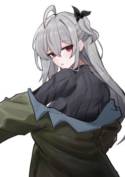 1girl :o absurdres ahoge arknights black_sweater commentary from_behind green_jacket grey_hair hair_between_eyes highres jacket lastmatch500 long_hair looking_at_viewer looking_back off_shoulder official_alternate_costume parted_lips red_eyes ribbed_sweater simple_background skadi_(arknights) skadi_(the_next_afternoon_tea)_(arknights) solo sweater turning_head upper_body white_background