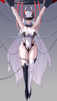 1girl absurdres aqua_pupils armpits arms_up asymmetrical_footwear azur_lane bare_shoulders black_boots blue_streaks boots breasts chinese_commentary commentary_request covered_navel eye_mask gluteal_fold hair_between_eyes headgear highres impossible_clothes impossible_leotard kearsarge_(azur_lane) knee_boots large_breasts leotard long_hair looking_at_viewer mask mechanical_tentacles multicolored_leotard navel open_mouth orchery pink_streaks purple_eyes restrained sideboob single_knee_boot single_thigh_boot solo stationary_restraints thigh_boots tongue tongue_out torn_clothes torn_leotard two-tone_leotard variant_set very_long_hair white_boots white_hair white_leotard
