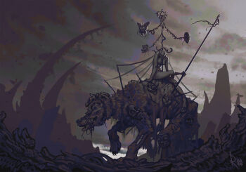 1girl absurdres breasts commentary completely_nude decapitation english_commentary fantasy highres mask maypole monster nude original rope rope_around_mouth runielss scenery