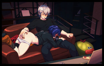 1boy 1girl anus ass belle_(zenless_zone_zero) black_pants black_shirt black_thighhighs blue_hair brother_and_sister closed_eyes computer couch crossed_bangs fellatio fingering grey_hair heavy_breathing highres incest laptop on_couch open_mouth oral panties pants penis shinenyuu shirt siblings single_thighhigh thighhighs underwear white_panties wise_(zenless_zone_zero) zenless_zone_zero