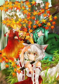 4girls :3 :d absurdres aki_minoriko aki_shizuha animal_ears apron aqua_eyes aqua_hair aqua_shirt autumn_leaves backpack bag beads black_ribbon blonde_hair boots branch closed_eyes collar commentary_request detached_sleeves foliage gradient_clothes gradient_skirt grape_hat_ornament grass green_bag green_hat hair_beads hair_ornament hat highres holding holding_telescope inubashiri_momiji juliet_sleeves kawashiro_nitori leaf leaf_hair_ornament long_hair long_sleeves maple_leaf medium_hair mob_cap moss multiple_girls open_mouth outdoors pleated_skirt pom_pom_(clothes) puffy_sleeves red_apron red_eyes red_hat red_shirt red_skirt ribbon ribbon-trimmed_sleeves ribbon_trim rock rubber_boots screwdriver shading_eyes shirt signature skirt skirt_hold smile split_mouth squatting sweatdrop tail teeth telescope thick_eyebrows tools totomaru_aka touhou twintails upper_teeth_only water waterfall white_collar white_hair white_shirt wolf_ears wolf_girl wolf_tail wrench yellow_eyes yellow_shirt