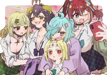 5girls ahoge akoya_matama anemo_nemo anger_vein aqua_hair araga_kiwi black_hair blonde_hair breasts brown_hair cellphone choker cleavage double_bun flip_phone fuurinura green_hair gyaru hair_bun hair_ornament hair_over_one_eye hairclip highres hiiragi_utena large_breasts long_hair mahou_shoujo_ni_akogarete morino_korisu multicolored_hair multiple_girls parallel_hairclips phone pleated_skirt purple_eyes red_eyes school_uniform sharp_teeth shirt short_hair skirt streaked_hair teeth twintails white_shirt yellow_eyes