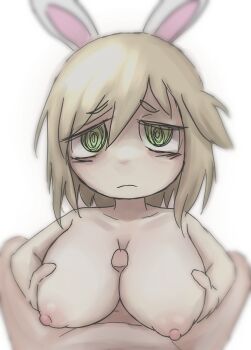 1boy 1girl absurdres animal_ears bags_under_eyes blonde_hair breasts closed_mouth collarbone green_eyes hetero highres huge_breasts looking_at_viewer mentha_(menthalovely) mint_(menthalovely) nipples original paizuri pov rabbit_ears shaded_face short_hair wavy_mouth