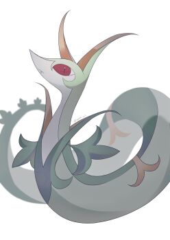 Rule 34 | absurdres, animal focus, closed mouth, commentary request, fang, gen 5 pokemon, highres, nintendo, pokemon, pokemon (creature), pokemon focus, reaf lv2, red eyes, serperior, simple background, slit pupils, snake, solo, twitter username, white background