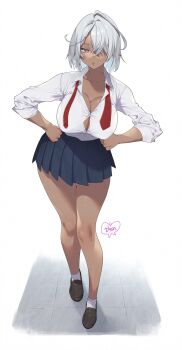 1girl ahoge ankle_socks artist_logo blue_skirt borrowed_character breasts bright_pupils brown_shoes button_gap closed_mouth collared_shirt commentary_request dark-skinned_female dark_skin dress_shirt faux_figurine full_body grey_hair hair_over_one_eye hands_on_own_hips highres huge_ahoge large_breasts loafers logo looking_at_viewer murata_tefu necktie one_eye_covered original pleated_skirt purple_eyes red_necktie school_uniform shirt shoes short_hair simple_background skirt sleeves_rolled_up socks solo standing undone_necktie white_background white_pupils white_shirt white_socks