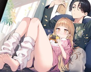 1boy 1girl :3 aoi_yuuto ass barefoot black_eyes black_hair blunt_bangs book brown_eyes brown_hair closed_mouth controller couch curtained_hair floral_print_shirt game_controller grey_pants hair_intakes holding holding_book holding_controller holding_game_controller hotta_akari indoors ippanjin_no_ore_wo_geinou-ka_joshi-tachi_ga_nigashite_kurenai_ken. kat_(bu-kunn) knees_up leaning_back leaning_on_person leg_warmers light_blush long_hair long_sleeves novel_illustration official_art on_couch pants plant potted_plant reading second-party_source short_hair short_shorts shorts sitting soles spread_legs