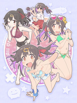 Rule 34 | 1girl, :d, ;), ankle socks, apron, arm support, bare arms, bare shoulders, barefoot, bead bracelet, bead necklace, beads, belly chain, bikini, black dress, black hair, black shorts, black socks, blue background, blue bikini, blue scrunchie, blush, blush stickers, bow, bow bikini, bracelet, breasts, brown eyes, cleavage, closed mouth, collarbone, commentary request, cosplay, curvy, dress, earrings, eyewear on head, flower, footwear flower, frilled bikini, frills, from side, front-tie bikini top, front-tie top, green bikini, grin, groin, hair between eyes, hair flower, hair ornament, hair ribbon, hairclip, hand on own hip, hand up, hands up, heart, heart-shaped eyewear, high-waist skirt, high ponytail, highleg, highleg bikini, highres, holding, hozuki kaede, hozuki kaede (cosplay), index finger raised, jewelry, kneeling, looking at viewer, matado (almukha), medium breasts, medium hair, medium skirt, multicolored hair, multiple views, navel, necklace, no shoes, off-shoulder shirt, off shoulder, one eye closed, onii-chan wa oshimai!, open mouth, outline, outstretched arm, oyama mihari, pink-tinted eyewear, pink background, pink sandals, pleated skirt, ponytail, puffy short sleeves, puffy sleeves, purple hair, reaching, reaching towards viewer, red ribbon, red skirt, ribbon, sandals, scrunchie, shirt, short shorts, short sleeves, shorts, side ponytail, skirt, smile, socks, sparkle background, split mouth, standing, standing on one leg, star (symbol), star symbol background, steepled fingers, streaked hair, swimsuit, thong, thong bikini, tinted eyewear, twintails, two-tone hair, v-shaped eyebrows, white-framed eyewear, white apron, white outline, white shirt, wrist scrunchie, yellow flower