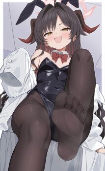 1girl ahoge animal_ears black_leotard blue_archive border bow bowtie brown_hair brown_horns brown_pantyhose coat coat_partially_removed colored_inner_hair covered_navel demon_horns fake_animal_ears fang feet flat_chest foot_focus foot_out_of_frame from_below hair_intakes halo highleg highleg_leotard highres horns indoors kasumi_(blue_archive) lab_coat leotard loli long_hair long_sleeves looking_at_viewer looking_down multicolored_hair on_ura358 open_mouth outside_border pantyhose playboy_bunny rabbit_ears red_bow red_bowtie red_hair red_halo red_horns single_sleeve_past_fingers sitting skin_fang solo steaming_body strapless strapless_leotard sweat toes white_border white_coat yellow_eyes