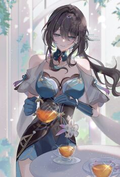 1girl bare_shoulders black_hair breasts brown_hair china_dress chinese_clothes clothing_cutout collar dress dress_flower floating_hair flower glass_teacup glass_teapot gloves green_collar green_dress green_eyes green_gloves hair_between_eyes highres holding holding_teapot honkai:_star_rail honkai_(series) large_breasts long_hair looking_at_viewer nukoxx_02 plate ruan_mei_(honkai:_star_rail) short_sleeves shoulder_cutout solo teapot twitter_username