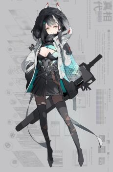 1girl absurdres black_gloves black_hair black_skirt commentary gloves grandia_lee grey_background hair_ornament highres hood jacket long_sleeves original pantyhose skirt solo standing symbol-only_commentary weapon white_jacket