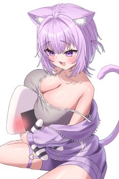 1girl :3 :d absurdres ahoge animal_ears breasts camisole cat_ears cat_girl cat_tail cleavage commentary_request double-parted_bangs fang grey_camisole hair_between_eyes heart heart_o-ring highres hololive hug jacket kumoru_(kumoru_145) nekomata_okayu nekomata_okayu_(membership) o-ring o-ring_thigh_strap off_shoulder official_alternate_hairstyle onigirya_(nekomata_okayu) open_mouth purple_eyes purple_hair purple_jacket purple_shorts short_hair short_shorts shorts simple_background sitting skin_fang smile solo strap_slip tail thigh_strap two_side_up virtual_youtuber white_background
