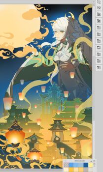 Rule 34 | 1girl, architecture, braid, bright pupils, chinese clothes, chinese commentary, commentary request, crescent, earrings, east asian architecture, full moon, genshin impact, heshan liuying, high ponytail, highres, jewelry, lantern, long hair, looking at viewer, moon, night, paper lantern, ponytail, sky, sky lantern, solo, white hair, white pupils, xiangyun, yellow eyes, zibai (genshin impact)