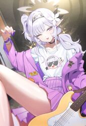 Rule 34 | 1girl, blue archive, casual, electric guitar, guitar, hairband, halo, highres, himari (blue archive), instrument, miniskirt, nail polish, off shoulder, pointy ears, shirt, shirt tucked in, skirt, solo, t-shirt, thighs, white eyes, white hair, winking (animated), zanya 000
