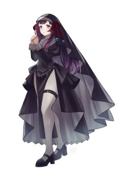 1girl arianna_caledonia belt black_coif black_dress dress etrian_odyssey full_body highres juliet_sleeves long_hair long_sleeves mary_janes nun pantyhose praying puffy_sleeves purple_eyes purple_hair sakuraso sekaiju_no_meikyuu shin_sekaiju_no_meikyuu_2 shoes side_slit thigh_belt thigh_strap white_pantyhose
