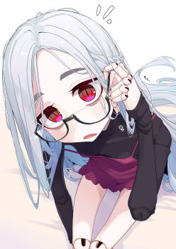 1girl black-framed_eyewear black_nails commentary_request doll_joints glasses grey_hair highres joints long_hair long_sleeves looking_at_viewer melc_(ogami_kazuki) ogami_kazuki original paid_reward_available red_eyes solo
