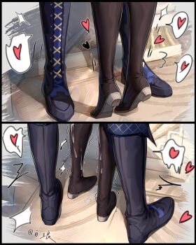 Rule 34 | 1boy, 1girl, absurdres, artist name, black boots, boots, brant (wuthering waves), chinese commentary, commentary request, cum, cum on body, cum on feet, feet only, female rover (wuthering waves), heart, hetero, highres, implied kiss, implied sex, knee boots, lace-up boots, rover (wuthering waves), shadow, spoken heart, thigh boots, tiptoes, wuthering waves, xiaobailang