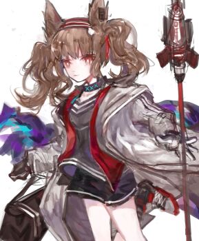 Rule 34 | 1girl, absurdres, angelina (arknights), animal ears, arknights, bag, black bag, black collar, black gloves, black shirt, black shoes, black shorts, black socks, bright pupils, brown hair, chinese commentary, coat, collar, commentary request, dot nose, earpiece, expressionless, fox ears, fox girl, gloves, hairband, highres, holding, holding staff, infection monitor (arknights), jacket, leg up, long hair, long sleeves, messenger bag, multicolored hairband, open clothes, open coat, open jacket, red coat, red eyes, red hairband, red jacket, shirt, shoes, short shorts, shorts, shoulder bag, simple background, sketch, sneakers, socks, solo, staff, striped clothes, striped hairband, twintails, two-tone hairband, white background, white coat, white pupils, yiyuer