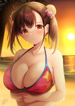 Rule 34 | 1girl, azuma yuki, bare arms, bare shoulders, bikini, breasts, brown eyes, brown hair, candy hair ornament, candy wrapper, collarbone, commentary request, double bun, food-themed hair ornament, hair bun, hair ornament, highres, horizon, idolmaster, idolmaster shiny colors, large breasts, ocean, palm tree, print bikini, red bikini, signature, solo, sonoda chiyoko, star (symbol), star print, star print bikini, sun, sunset, swimsuit, tree, twintails, upper body, water, wet