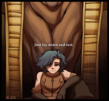 1boy armor artist_name bare_shoulders black_border black_hair border brown_gloves cahara_(fear_&amp;_hunger) closed_mouth commentary empty_eyes english_text fear_&amp;_hunger fear_&amp;_hunger_(series) fear_&amp;_hunger_1 gloves leather_armor short_hair sitting solo spoilers the_god_of_fear_and_hunger_(fear_&amp;_hunger) upper_body welwraith