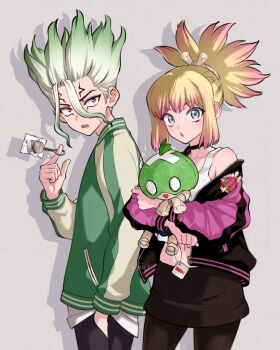 1boy 1girl black_choker black_skirt blonde_hair blue_eyes choker doll dr._stone facial_mark gradient_hair green_hair green_jacket grey_background hand_in_pocket holding ishigami_senkuu jacket key kohaku_(dr._stone) letterman_jacket long_hair long_sleeves looking_at_viewer multicolored_hair ninomae_gin open_mouth pants pantyhose pink_hair ponytail shirt skirt spiked_hair suika_(dr.stone) tank_top two-tone_hair white_tank_top