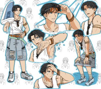 2boys adjusting_eyewear angeal_hewley angeal_hewley_(resort_style) anger_vein angry arm_up armlet armpits belt black_hair blue_eyes blue_outline blue_pants bracelet brown_belt final_fantasy final_fantasy_vii final_fantasy_vii_ever_crisis full_body hair_intakes hand_on_own_head hand_on_own_hip hand_up hands_on_own_knees holding_floatie in_water jewelry leaning_forward light_smile looking_to_the_side male_focus multiple_belts multiple_boys multiple_views necklace official_alternate_costume open_mouth outline pants parted_bangs s_m_man sephiroth sephiroth_(ever_crisis) shirt shoes short_hair smile sparkle splashing standing sunglasses sweat toned toned_male torn_clothes toy_sword unworn_eyewear v-neck wet wet_clothes white_shirt white_shoes