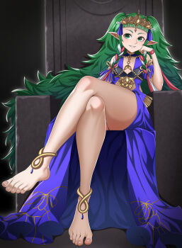 1girl absurdres anklet barefoot blunt_bangs bracelet braid cleavage_cutout clenched_hand clothing_cutout collarbone crossed_legs dress earrings feet female_focus fire_emblem fire_emblem:_three_houses flat_chest full_body gold_trim greek_toe green_eyes grey_hair hand_up head_rest head_tilt highres intelligent_systems jewelry knees legs light_blush long_hair long_twintails looking_at_viewer lots_of_jewelry matching_hair/eyes messy_hair multiple_necklaces nintendo parted_lips pendant pointy_ears revealing_clothes side_braids sitting sleeveless sleeveless_dress smirk smug sothis_(fire_emblem) teardrop_earrings throne tiara toenails toes tsa twintails very_long_hair