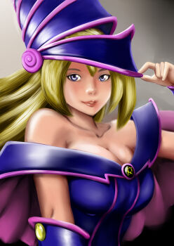 1girl blonde_hair blue_eyes breasts cleavage dark_magician_girl hat highres large_breasts lips long_hair looking_at_viewer misaeldm smile tagme yu-gi-oh!