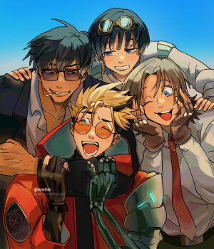 2boys 2girls black_hair black_jacket black_sweater blonde_hair blue_background blue_eyes brown_gloves cigarette coat commentary danch_(dunkindunat) earrings english_commentary fingerless_gloves gloves goggles goggles_on_head grey_shirt grin hands_up highres jacket jewelry meryl_stryfe milly_thompson multicolored_hair multiple_boys multiple_girls necktie nicholas_d._wolfwood one_eye_closed open_mouth orange-tinted_eyewear partially_fingerless_gloves prosthesis prosthetic_arm red_coat red_necktie round_eyewear shirt single_earring smile sunglasses sweater teeth tinted_eyewear trigun trigun_stargaze turtleneck turtleneck_sweater two-tone_hair upper_body vash_the_stampede