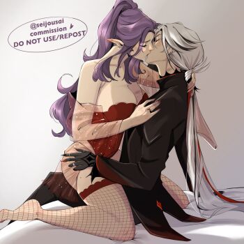 2girls arlecchino_(genshin_impact) black_coat black_hands black_streaks breasts cleavage closed_eyes coat colored_extremities commentary commission dress ear_piercing english_commentary fishnet_thighhighs fishnets genshin_impact hand_on_another&#039;s_waist highres jewelry kiss large_breasts long_hair multiple_girls oc_x_canon original piercing pointy_ears purple_hair red_dress red_thighhighs ring second-party_source seijousai sitting sitting_on_lap sitting_on_person thighhighs white_hair yuri