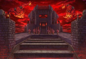 6+boys absurdres baron_of_hell black_horns black_nails brick bstain.wad building candle colored_skin commentary commentary_request copyright_name corpse cross demon doom_(series) english_commentary fence fingernails fire hell highres horns impaled inverted_cross iron_bars iron_fence kneeling kurashiki_nanka looking_at_viewer metal mixed-language_commentary multiple_boys no_humans on_one_knee open_mouth outdoors pyrokinesis red_skin red_sky scenery sharp_fingernails sharp_teeth signature skull sky stairs teeth torch tusks yellow_eyes