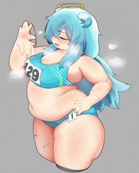 1girl bandaid bandaid_on_arm bandaid_on_leg blue_hair blush breasts cleavage closed_eyes commentary cowboy_shot cropped_legs doubliel fanning_self fat grey_background halo highres horns large_breasts long_hair mahjong_fight_girl nantekottai25 navel open_mouth puff_of_air simple_background solo symbol-only_commentary thick_arms thick_thighs thighs yellow_halo