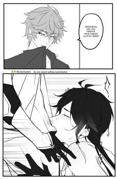 2boys absurdres closed_eyes fellatio genshin_impact gloves greyscale highres monochrome multiple_boys oral tartaglia_(genshin_impact) tears thrust_lines thumb_in_mouth twitter unseisodom white_background yaoi zhongli_(genshin_impact)