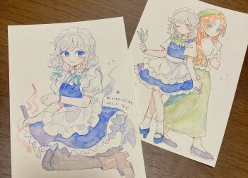 Rule 34 | 2girls, apron, back bow, beret, blue dress, blue eyes, boots, bow, braid, brown boots, brown pantyhose, commentary, dress, green bow, green hat, green skirt, green vest, grey hair, hair bow, hat, hat ornament, high heel boots, high heels, highres, hong meiling, izayoi sakuya, knife, long hair, looking at viewer, maid, maid headdress, mozukuzu (manukedori), multiple girls, one eye closed, pantyhose, photoshop (medium), red eyes, red hair, skirt, smile, star (symbol), star hat ornament, touhou, traditional media, twin braids, vest, waist apron, white apron, white bow